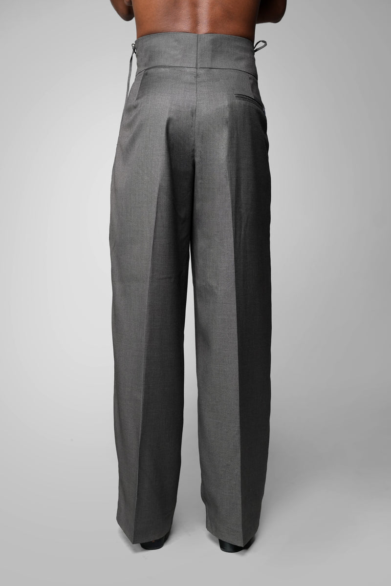 ROSANI The Veil trouser in grey - high waistband trousers with side ties, back view