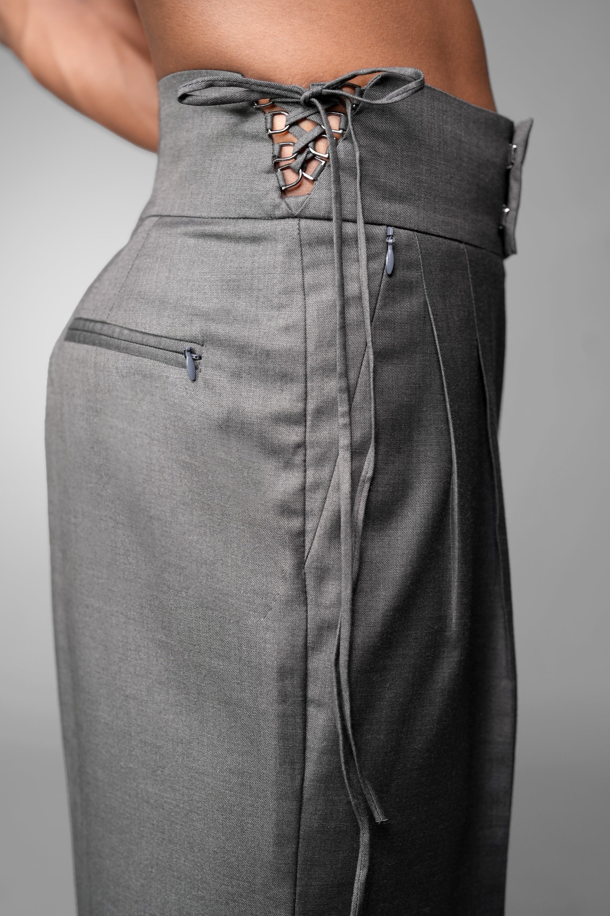 ROSANI The Veil trouser in grey - lace-up high waistband and zip pocket detail, close-up