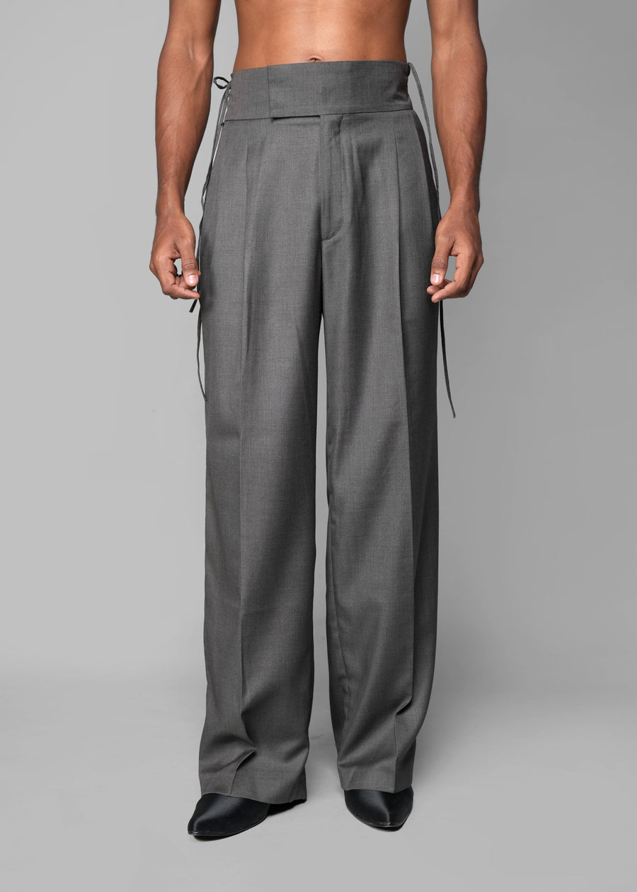 ROSANI The Veil trouser in grey - high waistband pleated trousers with side ties, front view