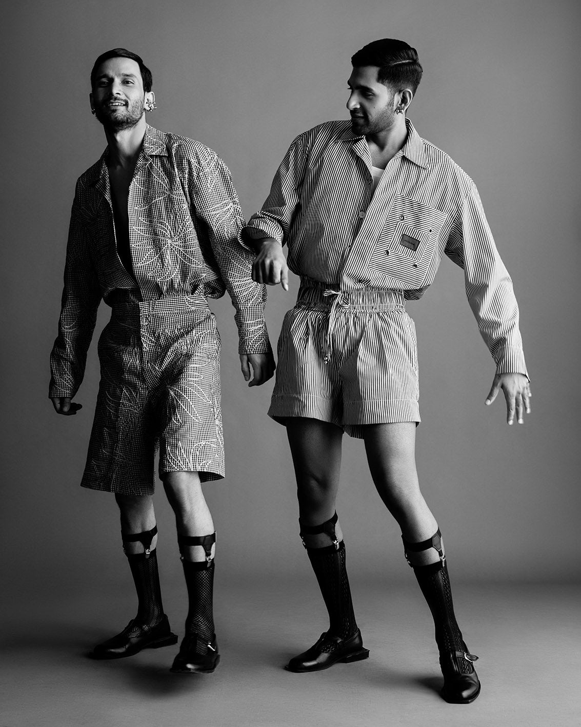 ROSANI The Emery shirt with The Arlie shorts and The Casey shorts - two models in patterned shirt and tailored shorts, campaign image from ANIMA & ANIMUS