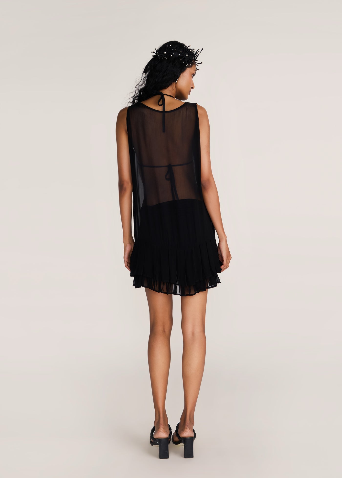 ROSANI The Accorde dress in black - black georgette little-black-dress with frill hem, back view