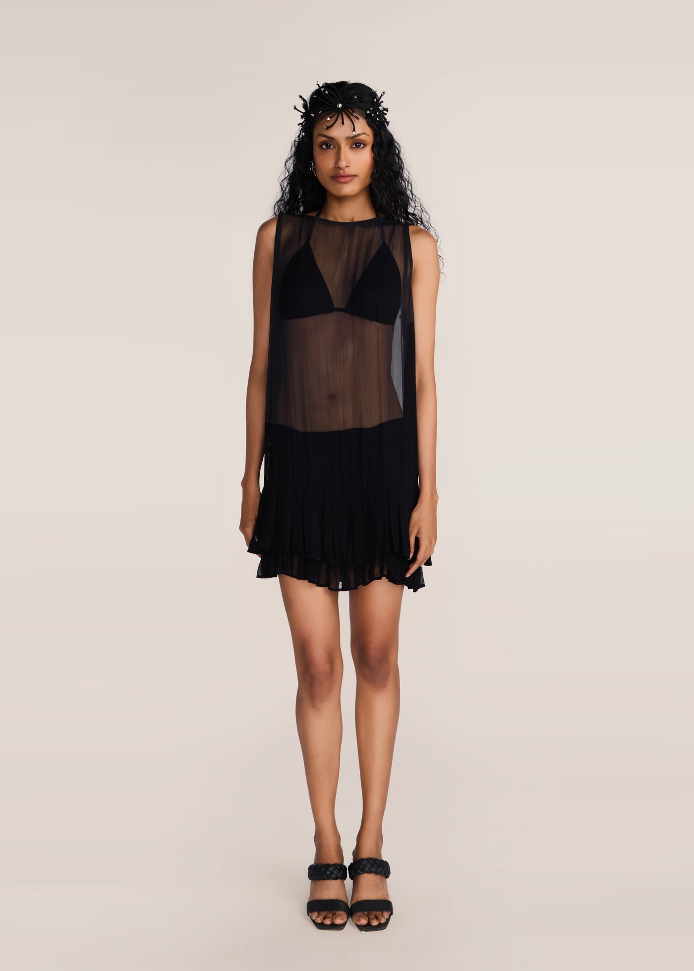 ROSANI The Accorde dress in black - black georgette little-black-dress with frill hem, front view