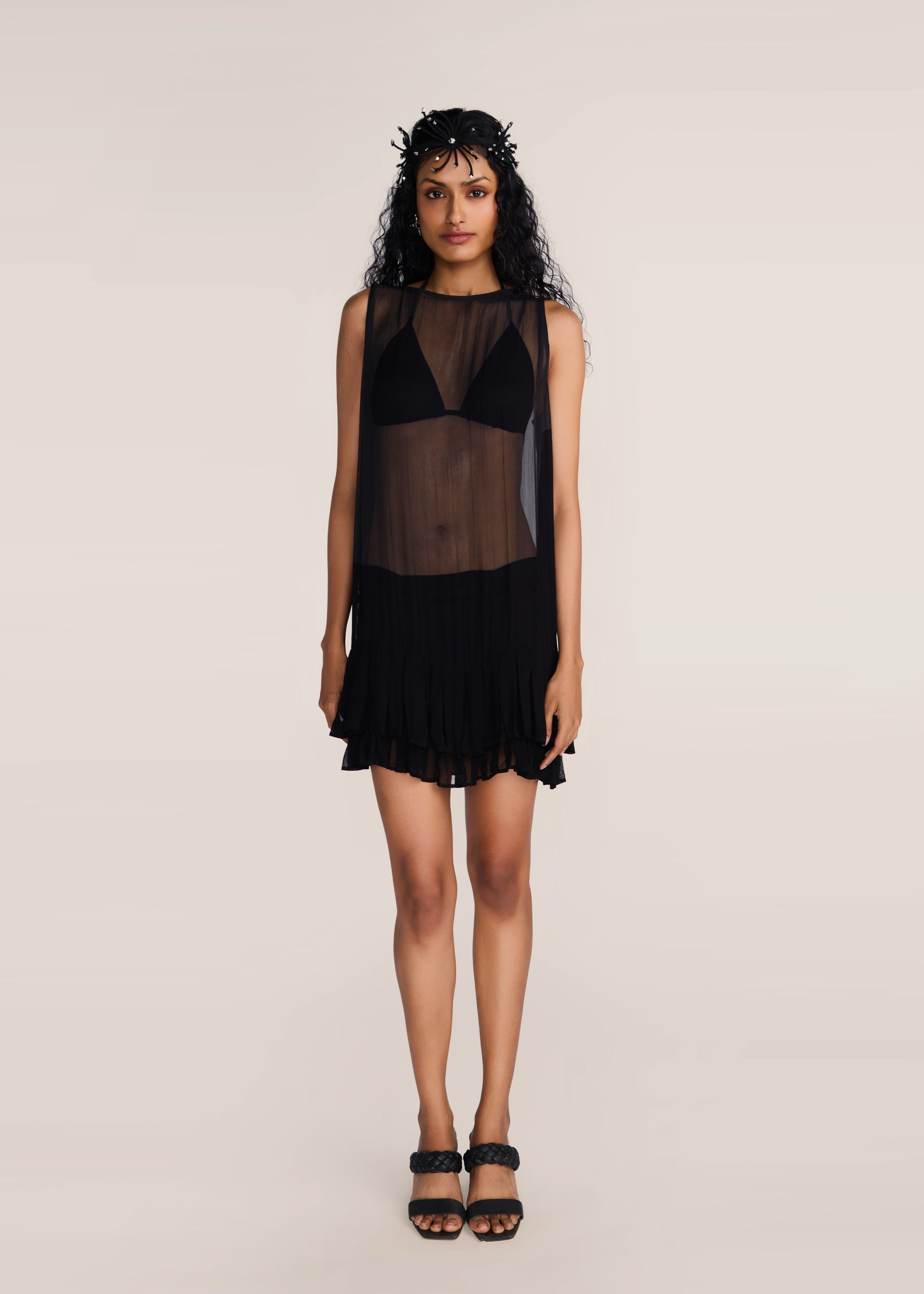 ROSANI The Accorde dress in black - black georgette little-black-dress with frill hem, front view