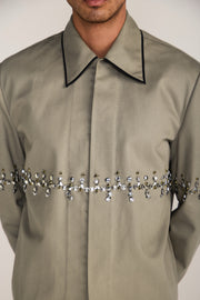 ROSANI The Accordo jacket in deep olive - deep olive cotton jacket with contrast piping and metallic centre detail, back view