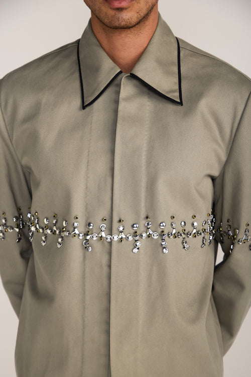 ROSANI The Accordo jacket in deep olive - deep olive cotton jacket with contrast piping and metallic centre detail, back view