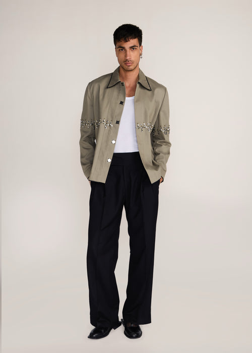 ROSANI The Accordo jacket in deep olive - deep olive cotton jacket with contrast piping and metallic centre detail, front view
