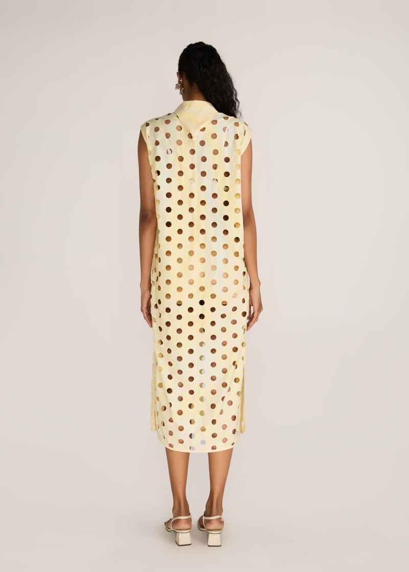 ROSANI The Aeri dress in pale lemon stripes - pale lemon striped laser-cut knot-collar dress, back view