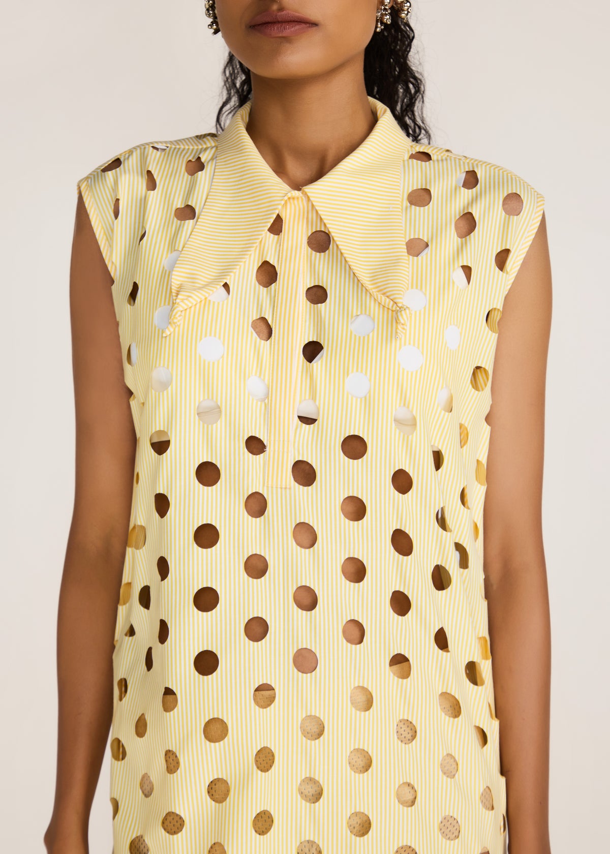 ROSANI The Aeri dress in pale lemon stripes - pale lemon striped laser-cut knot-collar dress, craft detail
