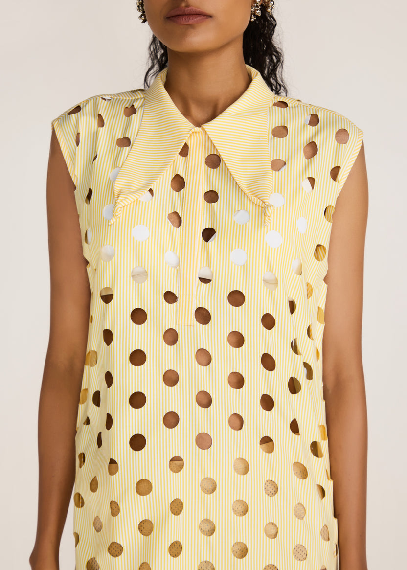 ROSANI The Aeri dress in pale lemon stripes - pale lemon striped laser-cut knot-collar dress, craft detail