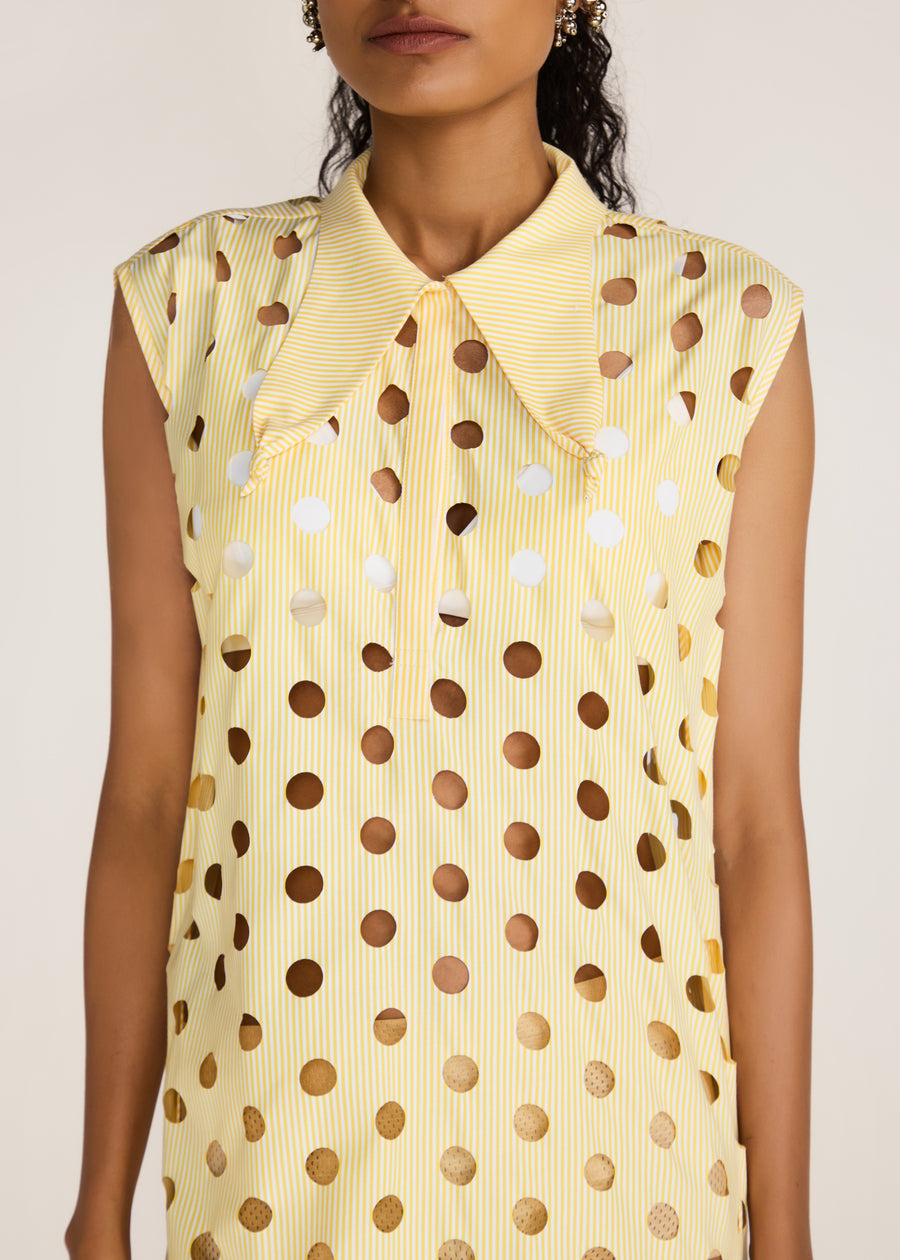 ROSANI The Aeri dress in pale lemon stripes - pale lemon striped laser-cut knot-collar dress, craft detail