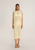 ROSANI The Aeri dress in pale lemon stripes - pale lemon striped laser-cut knot-collar dress, front view