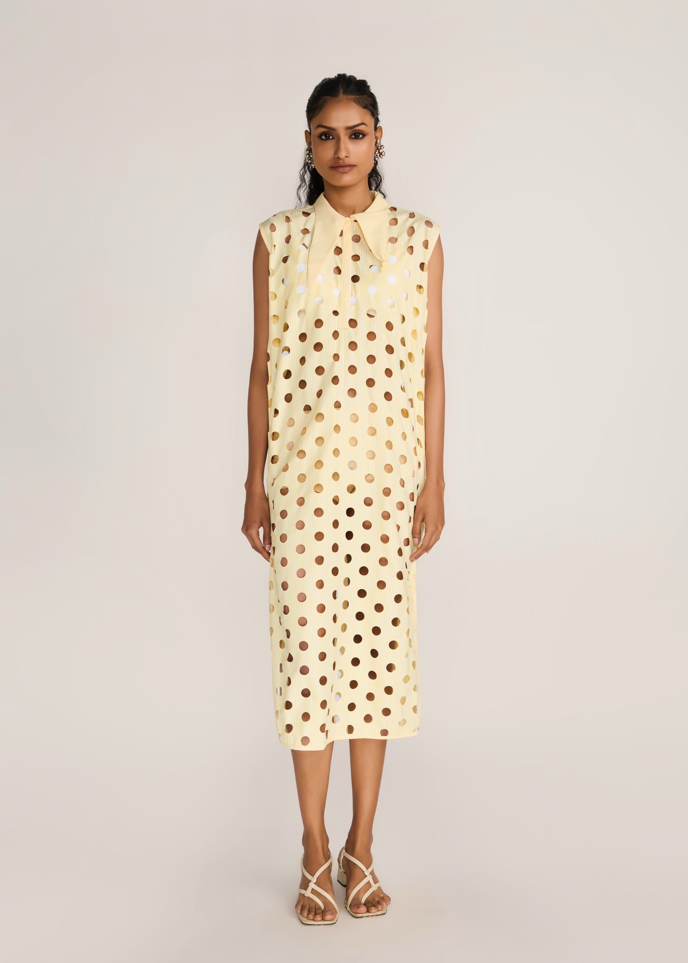 ROSANI The Aeri dress in pale lemon stripes - pale lemon striped laser-cut knot-collar dress, front view