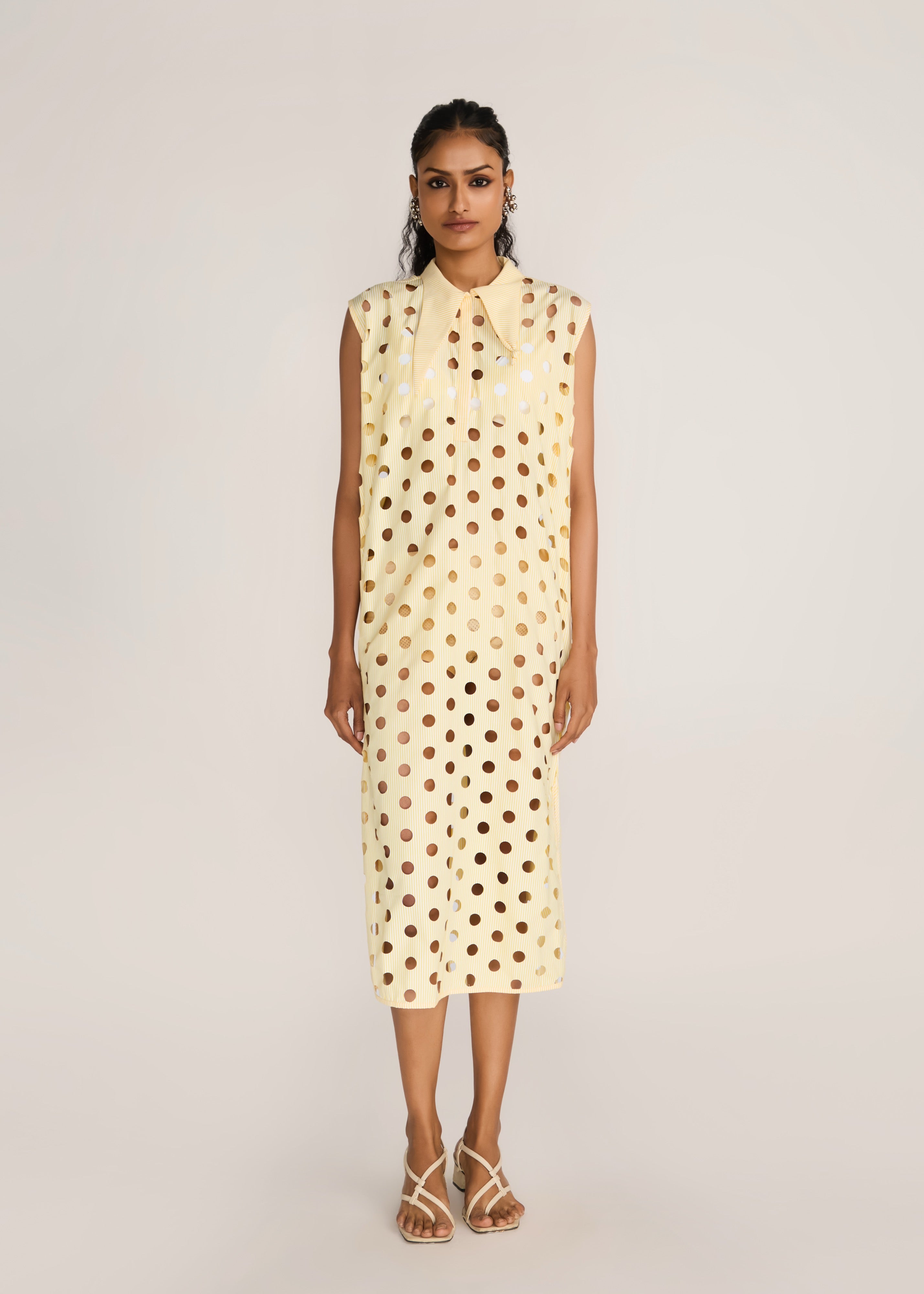 ROSANI The Aeri dress in pale lemon stripes - pale lemon striped laser-cut knot-collar dress, front view