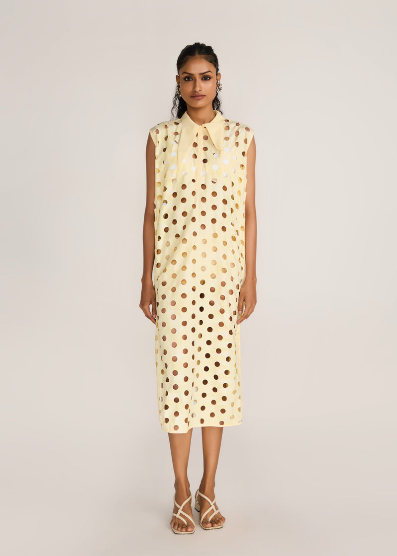 ROSANI The Aeri dress in pale lemon stripes - pale lemon striped laser-cut knot-collar dress, front view