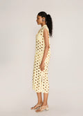 ROSANI The Aeri dress in pale lemon stripes - pale lemon striped laser-cut knot-collar dress, side view