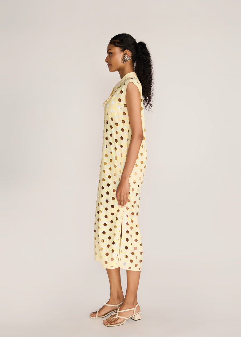 ROSANI The Aeri dress in pale lemon stripes - pale lemon striped laser-cut knot-collar dress, side view