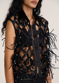 ROSANI The Aether vest in obsidian - obsidian hand-woven strip vest with botanical metallic embroidery, craft detail