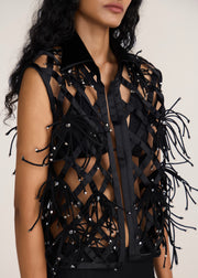 ROSANI The Aether vest in obsidian - obsidian hand-woven strip vest with botanical metallic embroidery, craft detail
