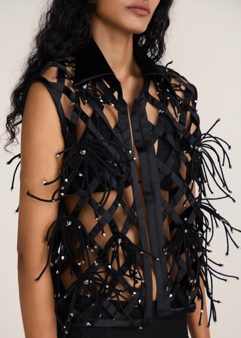 ROSANI The Aether vest in obsidian - obsidian hand-woven strip vest with botanical metallic embroidery, craft detail
