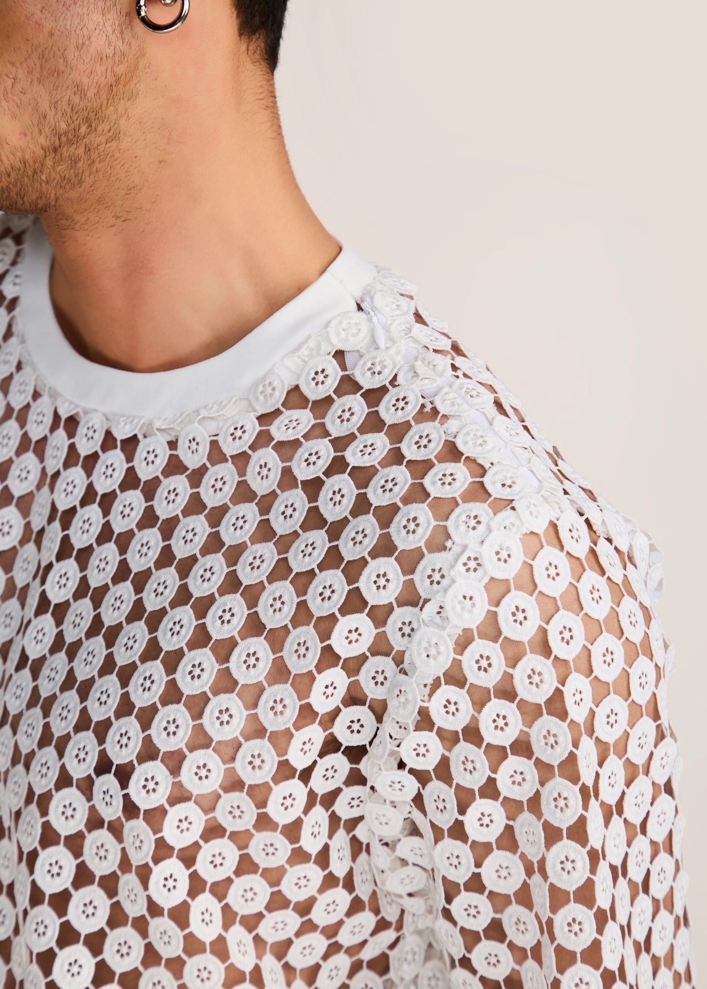 ROSANI The Affinitas t-shirt in white - white chemical-cut lace polyester t-shirt, craft detail