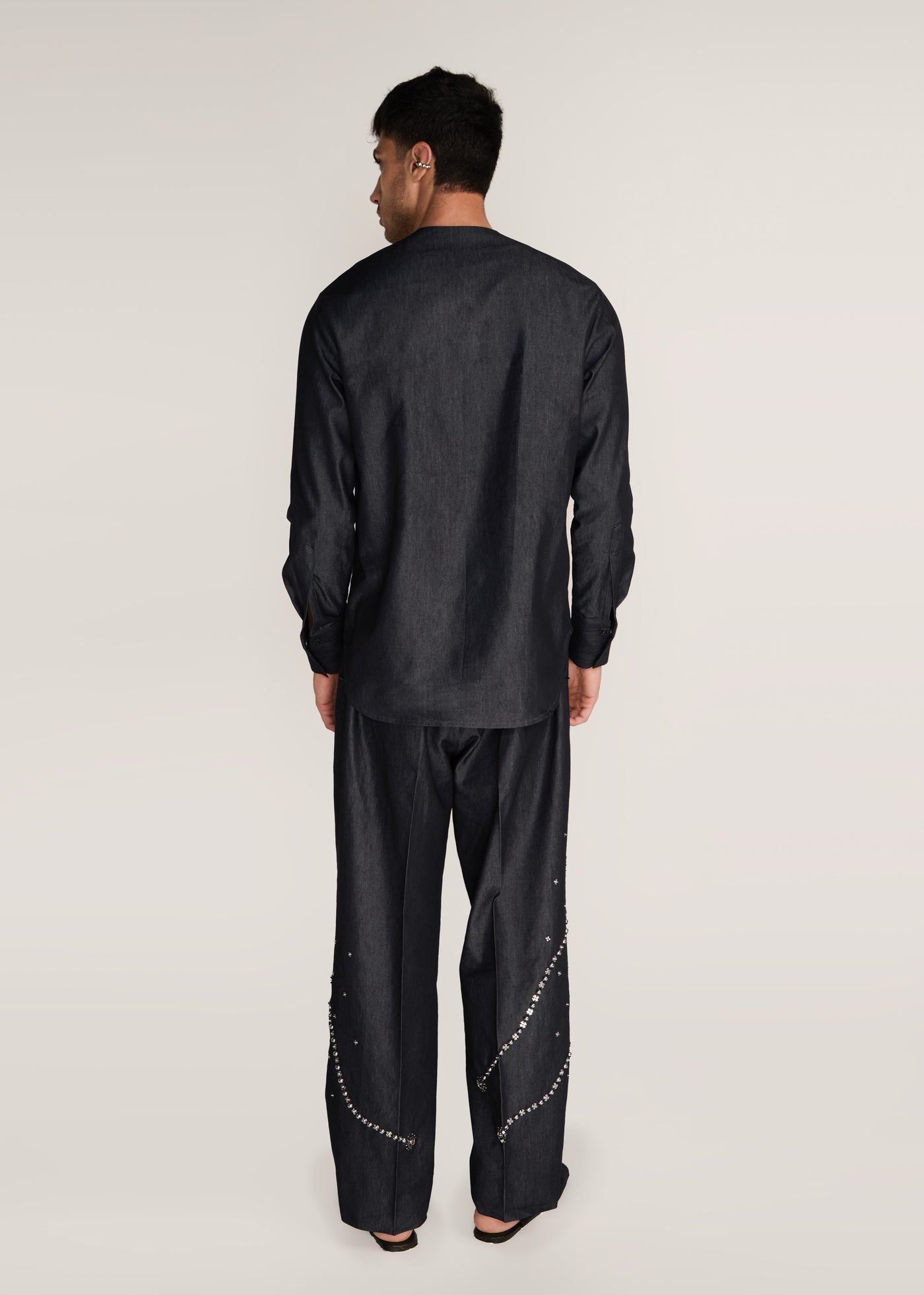 ROSANI The Aligne trouser in charcoal - charcoal press-button embroidered suiting trouser, back view, alternate angle