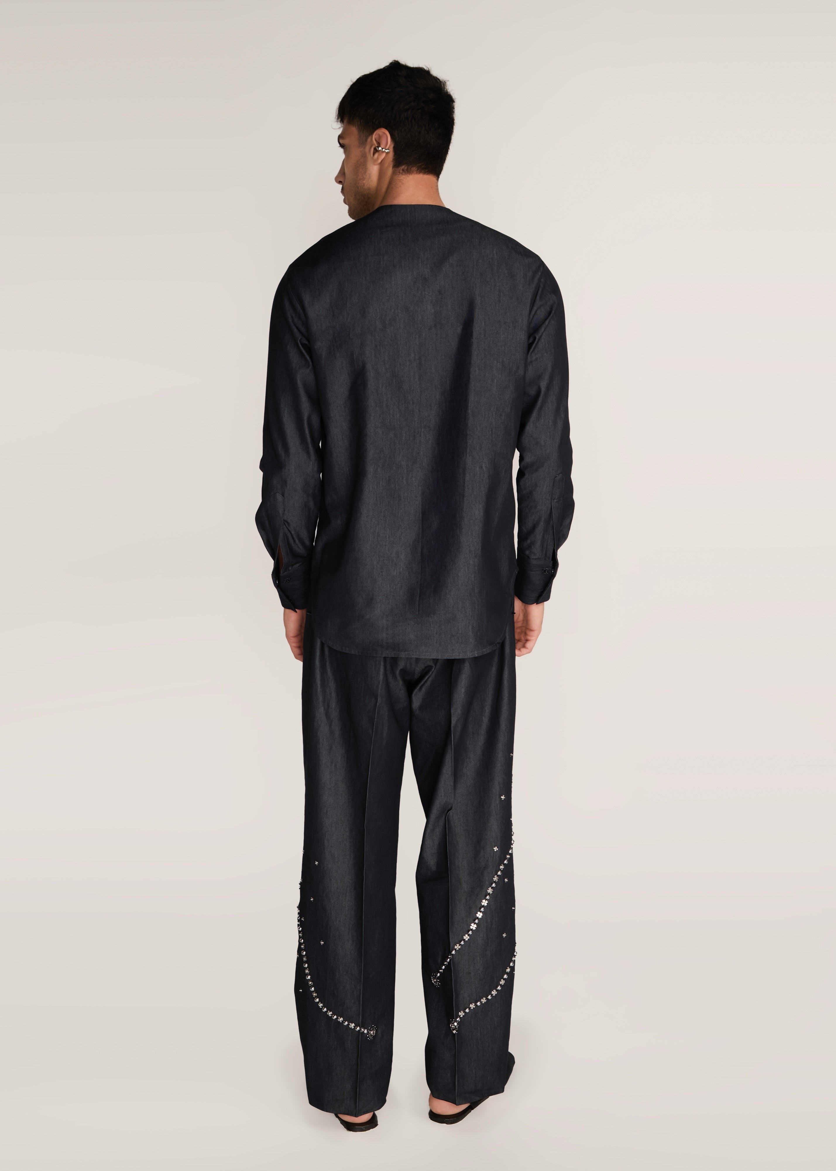 ROSANI The Aligne trouser in charcoal - charcoal press-button embroidered suiting trouser, back view, alternate angle