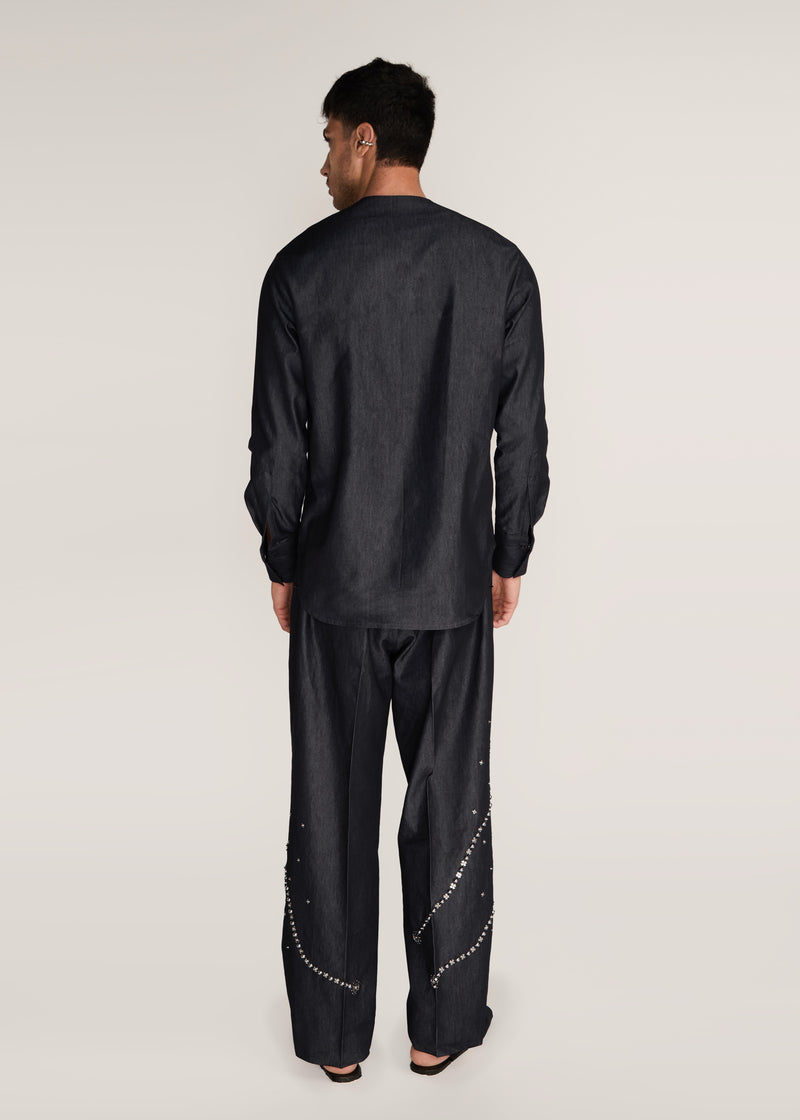 ROSANI The Aligne trouser in charcoal - charcoal press-button embroidered suiting trouser, back view, alternate angle