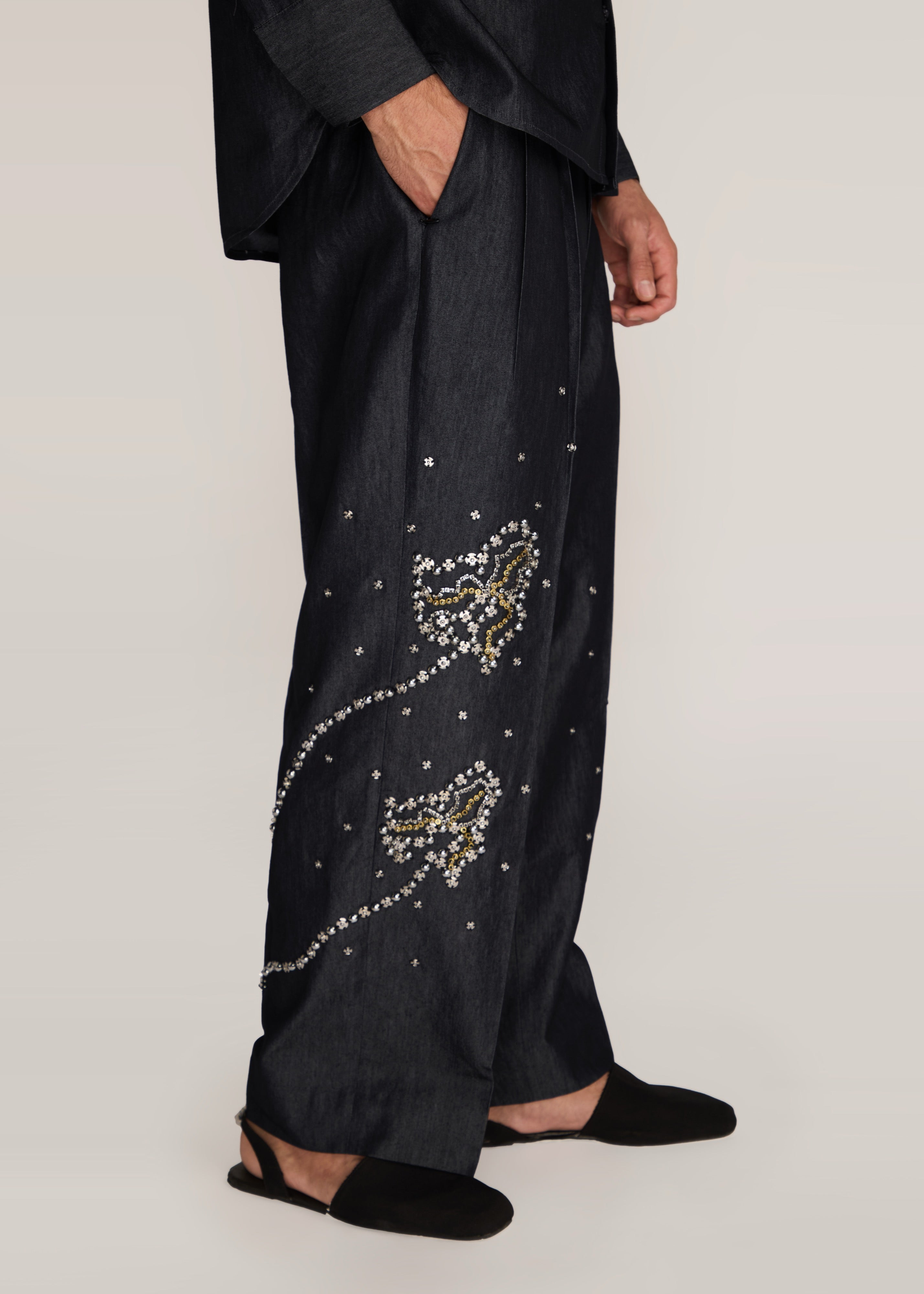 ROSANI The Aligne trouser in charcoal - charcoal press-button embroidered suiting trouser, craft detail