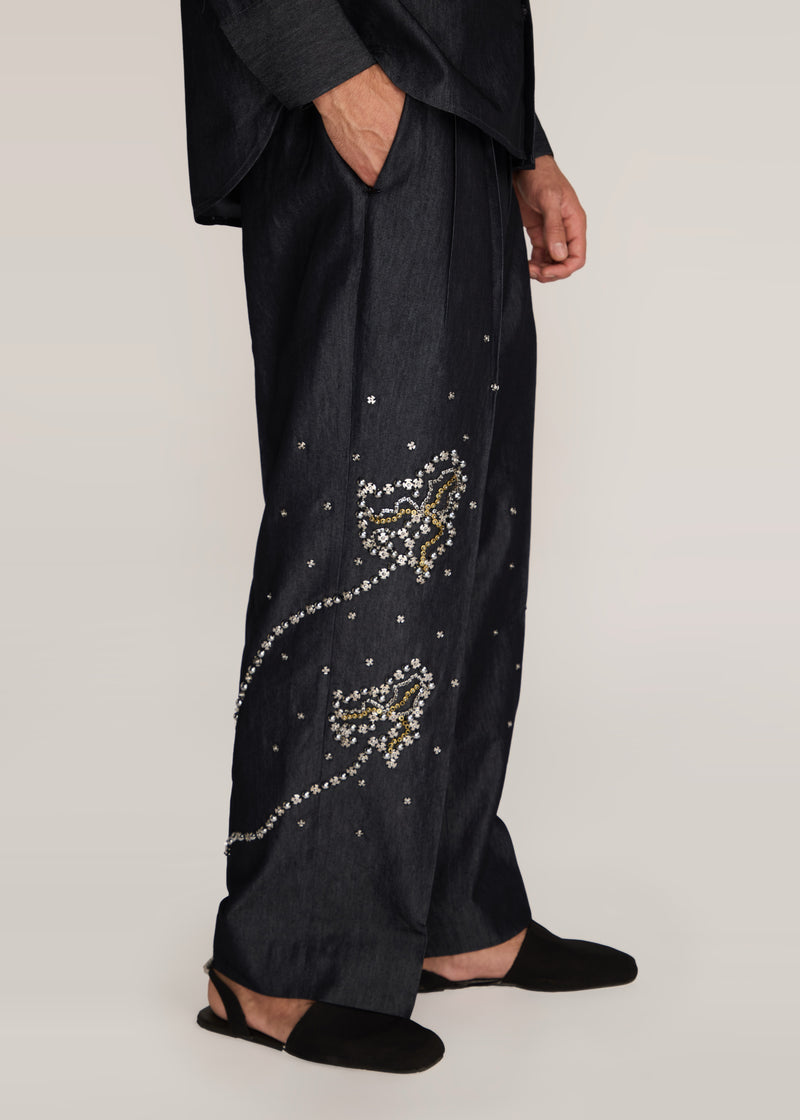 ROSANI The Aligne trouser in charcoal - charcoal press-button embroidered suiting trouser, craft detail