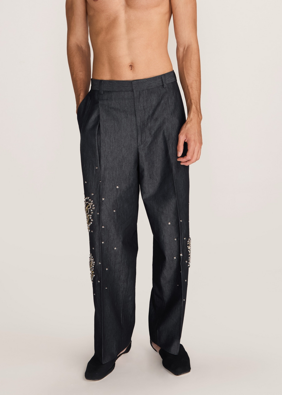 ROSANI The Aligne trouser in charcoal - charcoal press-button embroidered suiting trouser, front view