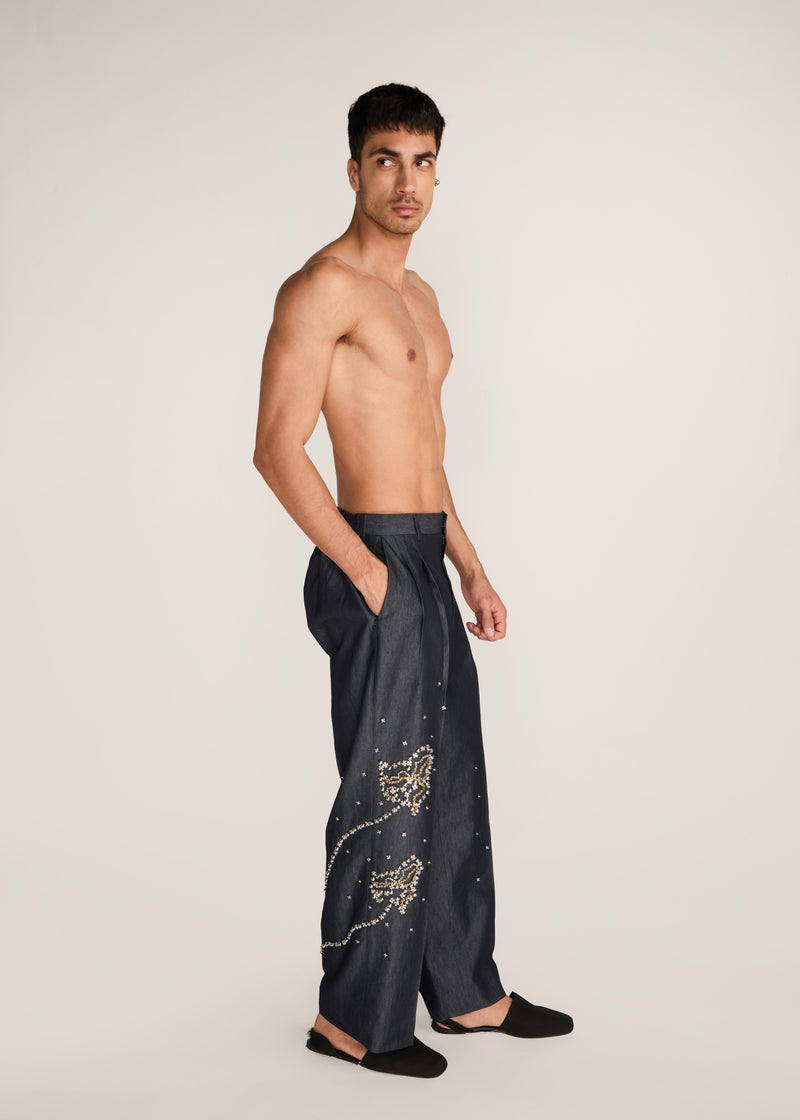 ROSANI The Aligne trouser in charcoal - charcoal press-button embroidered suiting trouser, side view