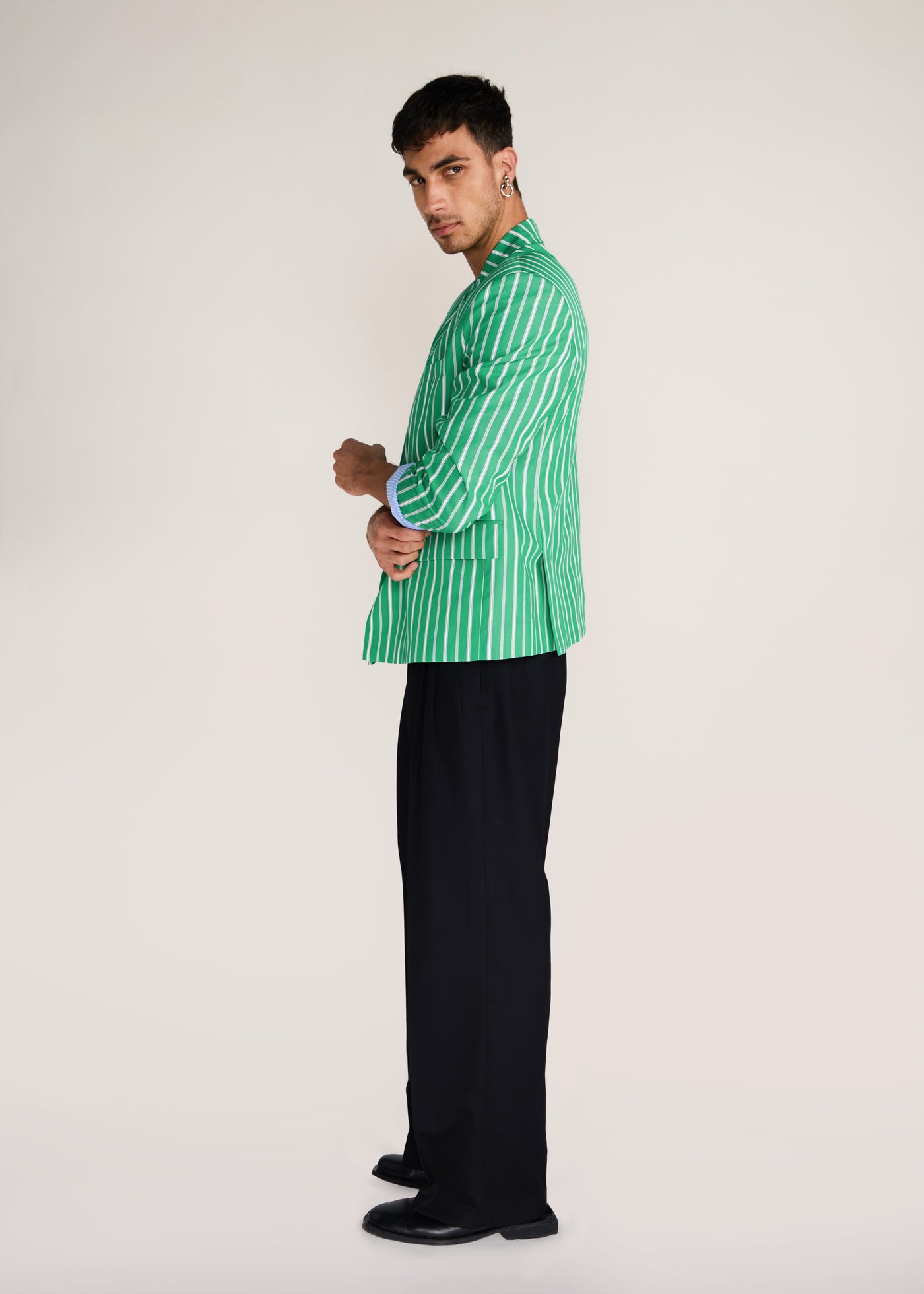 ROSANI The Allineamento blazer in shamrock - shamrock cotton blazer with contrast striped lining, side view