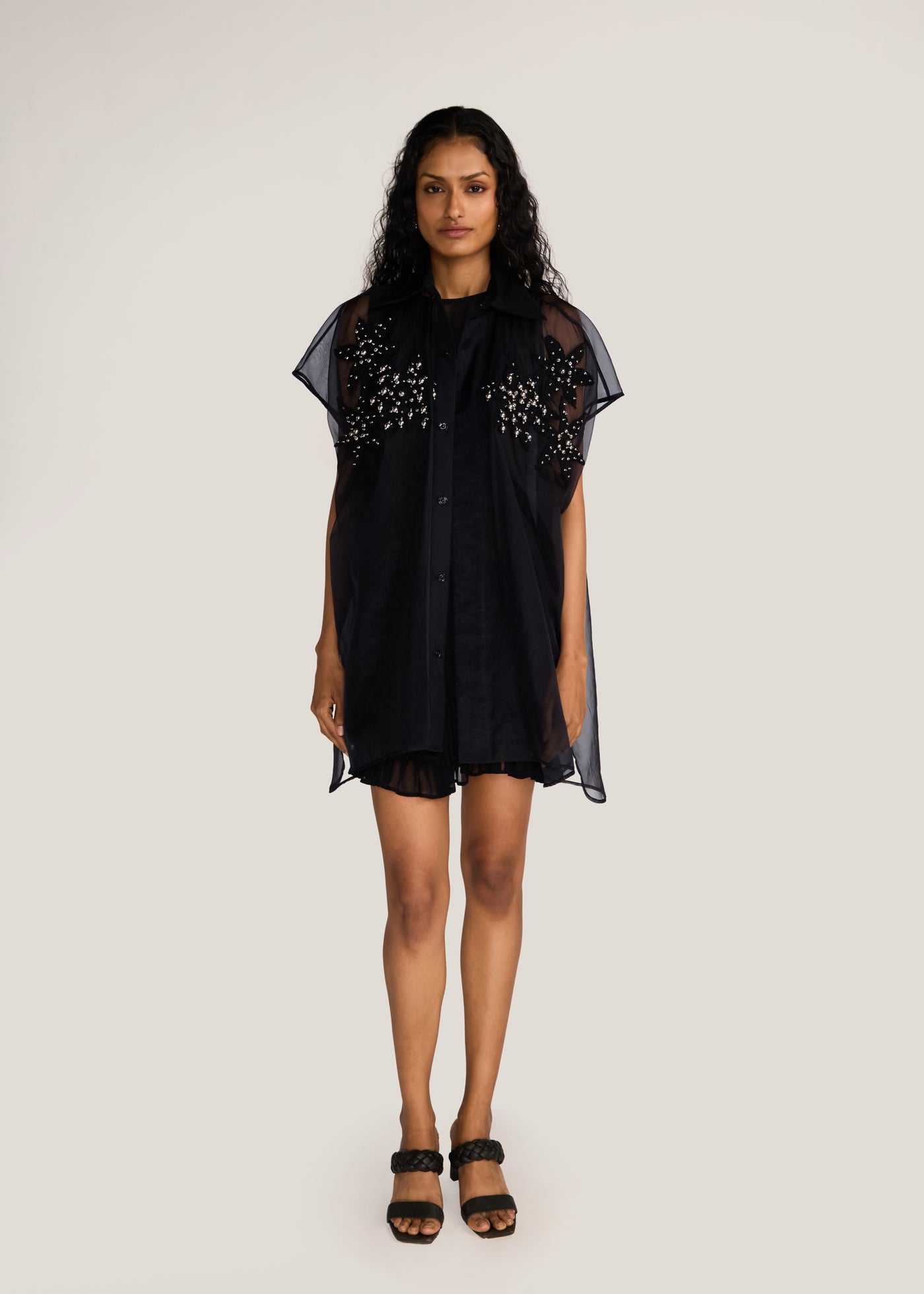 ROSANI The Antaral shirt in black - black organza sleeveless shirt with hand-crocheted botanical motifs, front view