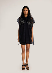 ROSANI The Antaral shirt in black - black organza sleeveless shirt with hand-crocheted botanical motifs, front view