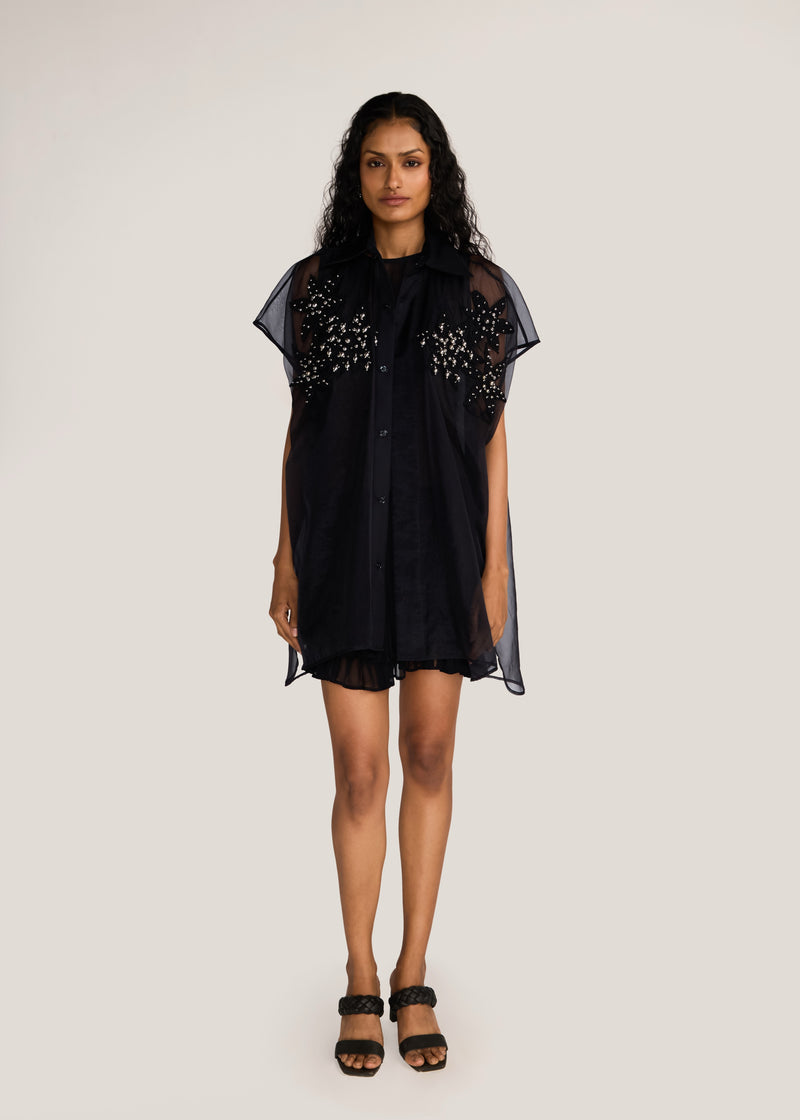 ROSANI The Antaral shirt in black - black organza sleeveless shirt with hand-crocheted botanical motifs, front view