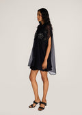 ROSANI The Antaral shirt in black - black organza sleeveless shirt with hand-crocheted botanical motifs, side view