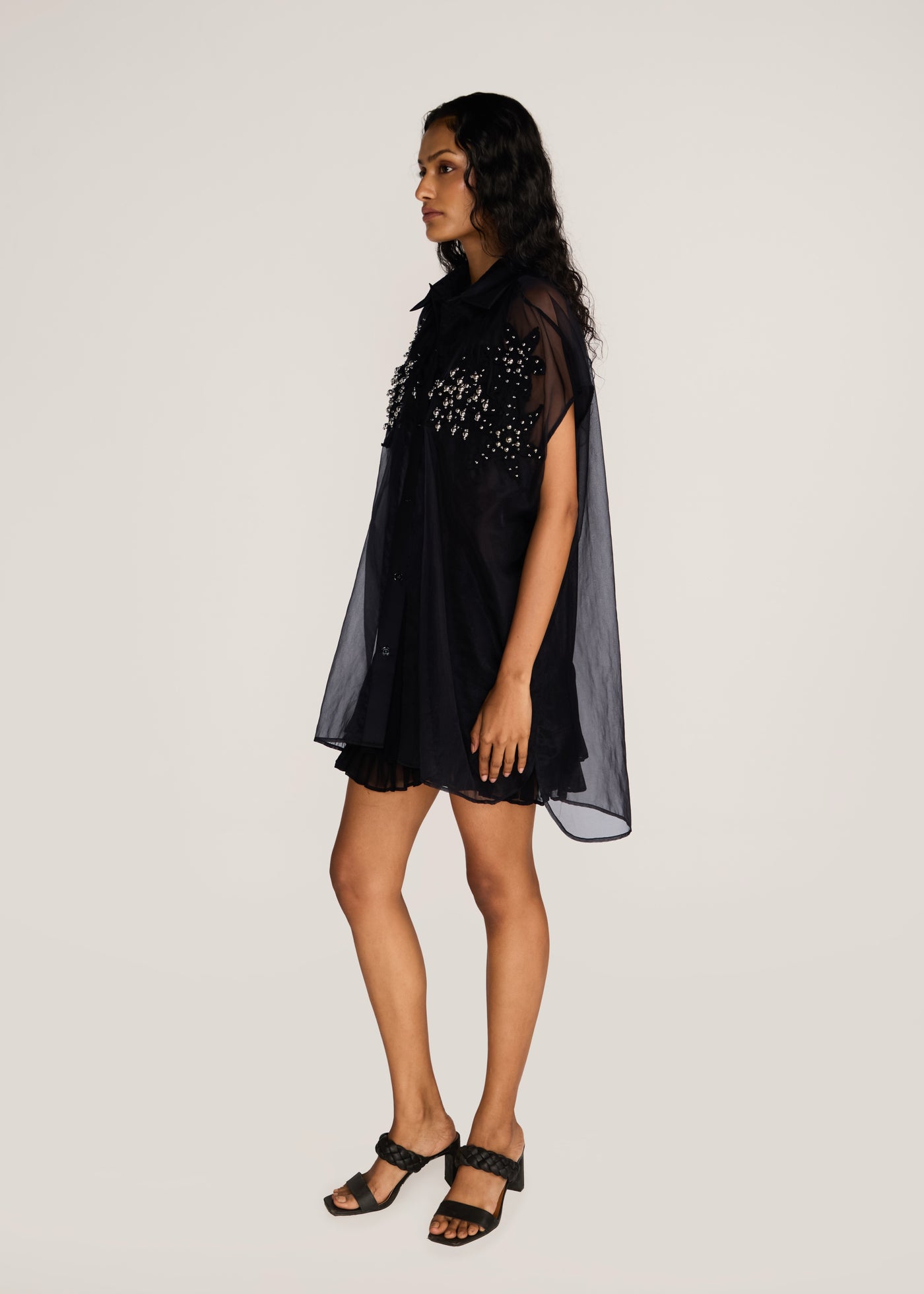 ROSANI The Antaral shirt in black - black organza sleeveless shirt with hand-crocheted botanical motifs, side view