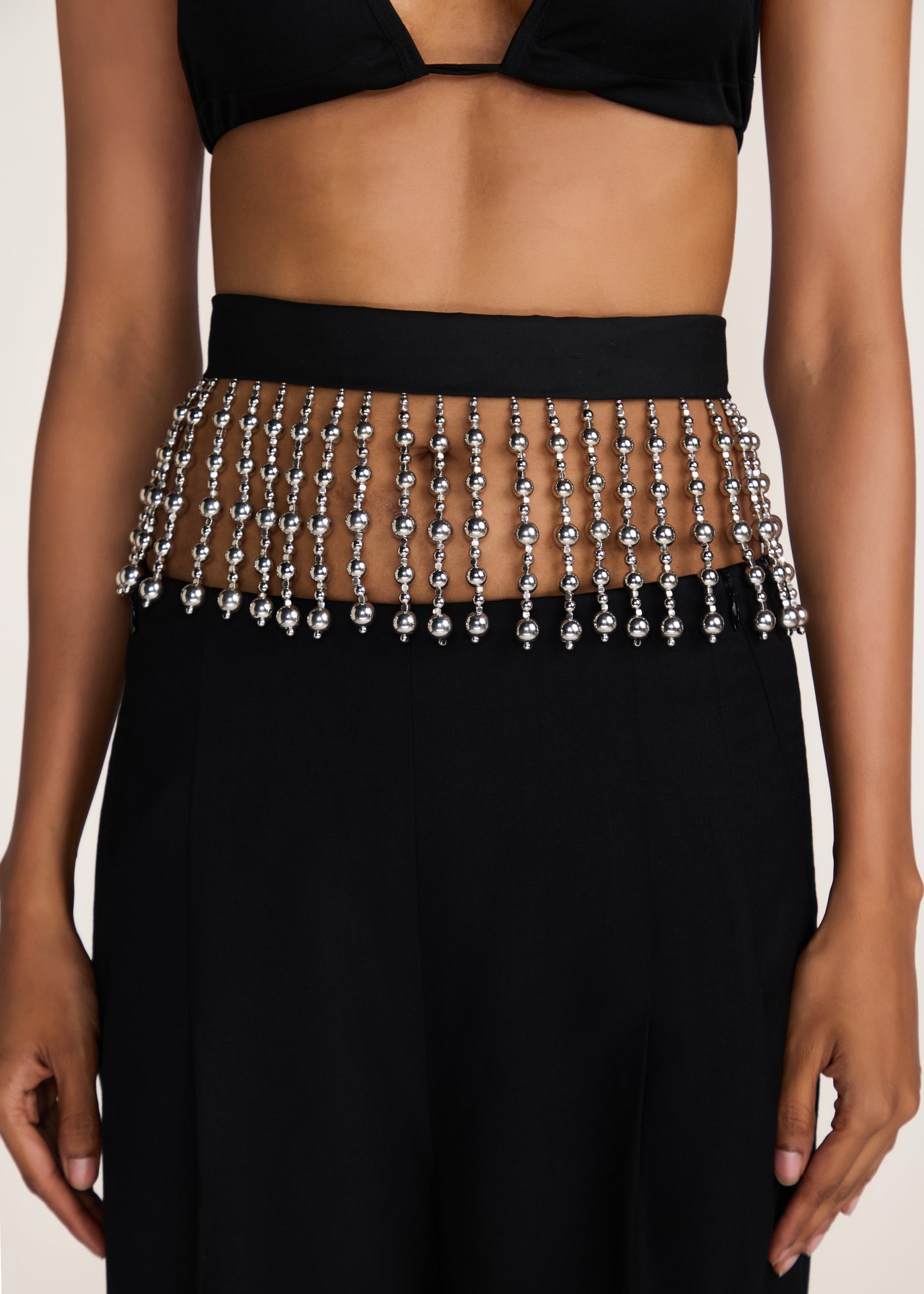 ROSANI The Bayanihan belt in black & chrome - black belt with hand-assembled chrome tassels, front view