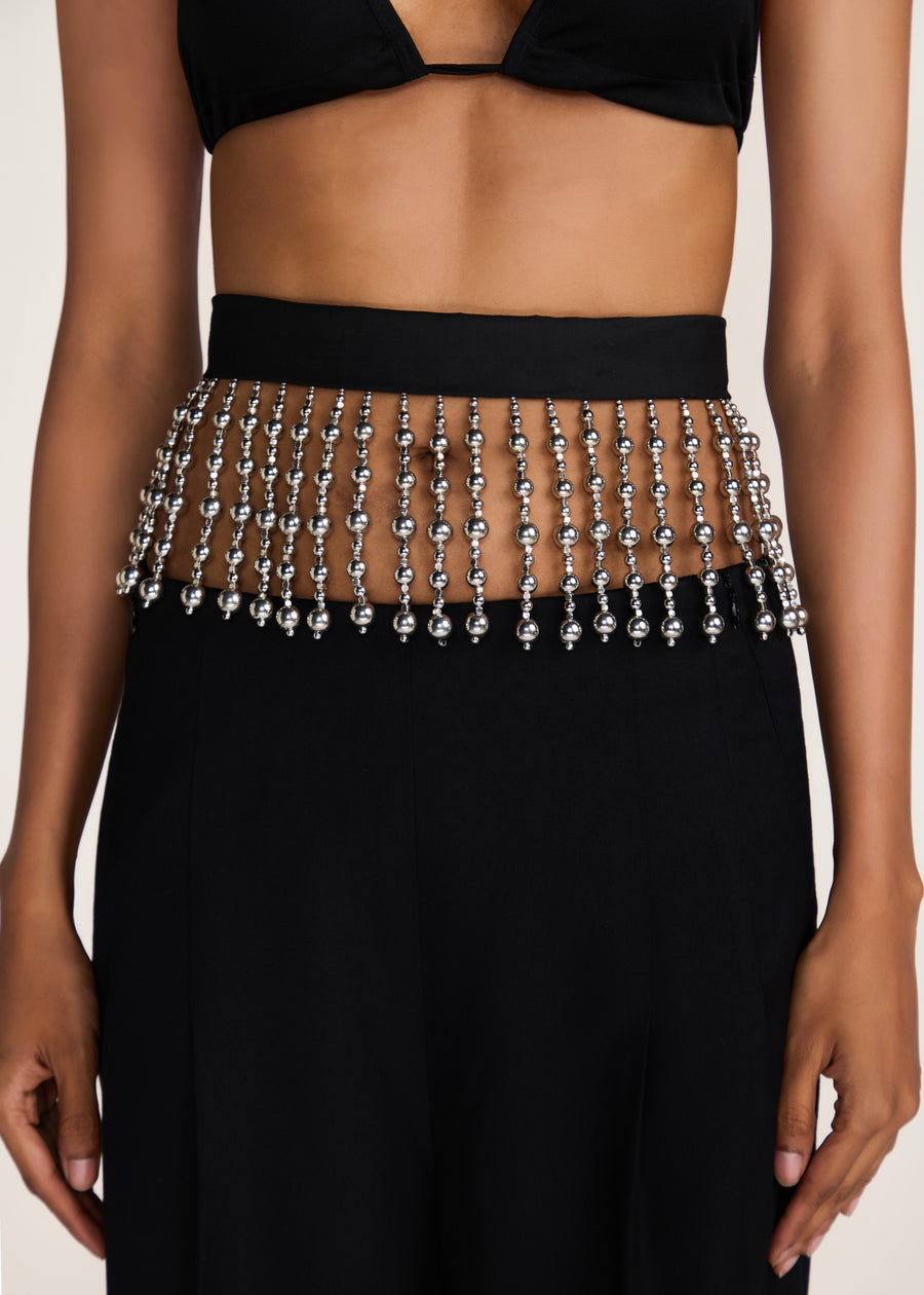 ROSANI The Bayanihan belt in black & chrome - black belt with hand-assembled chrome tassels, front view
