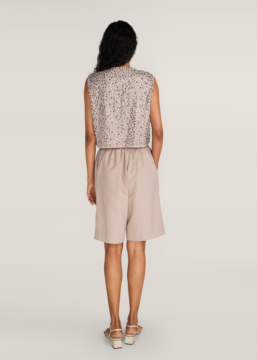 ROSANI The Cercania vest in sand dune - sand dune cropped vest with all-over metal second-skin embroidery, back view