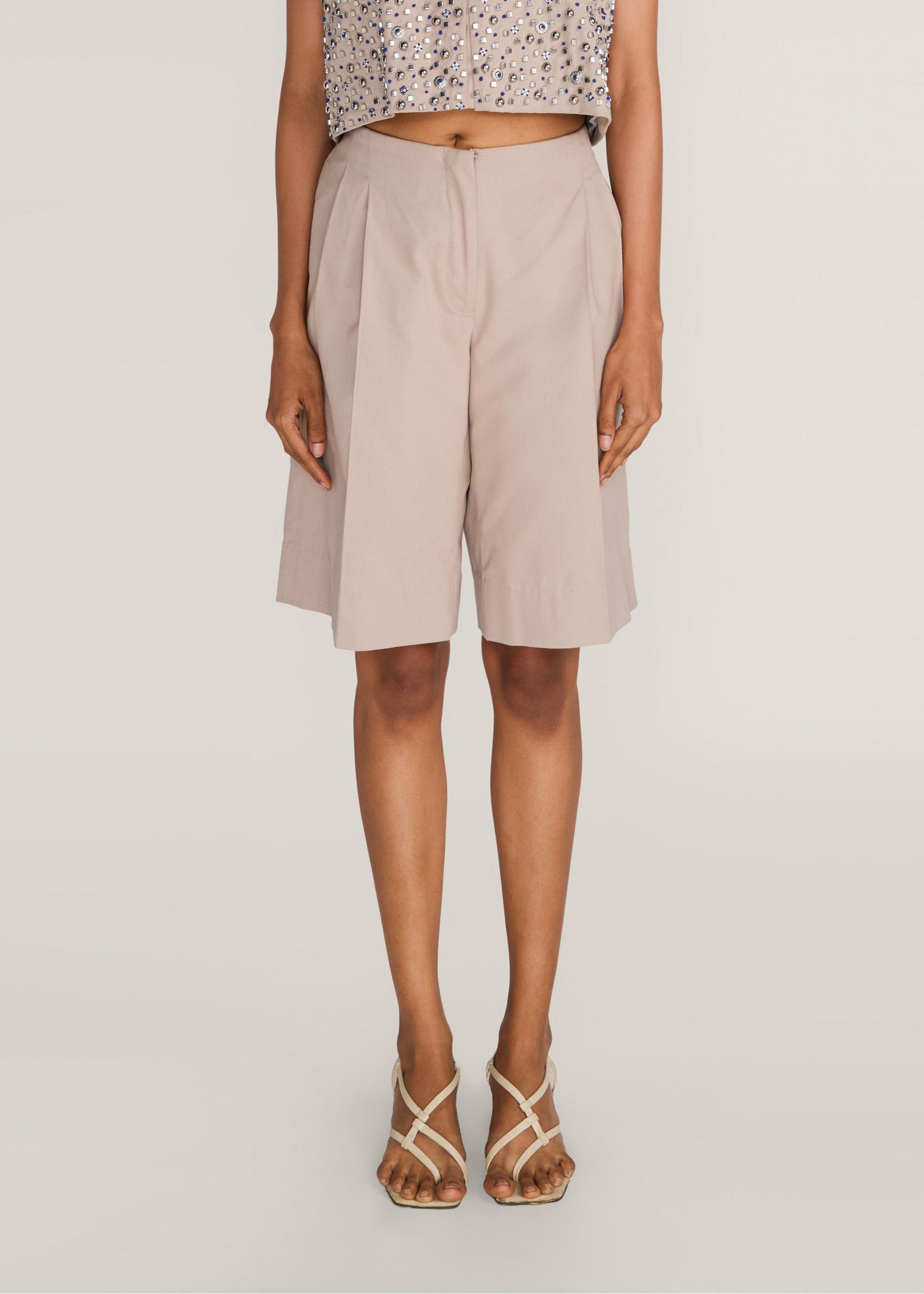 ROSANI The Gattai shorts in sand dune - sand dune cotton pleated midi shorts, front view, alternate angle