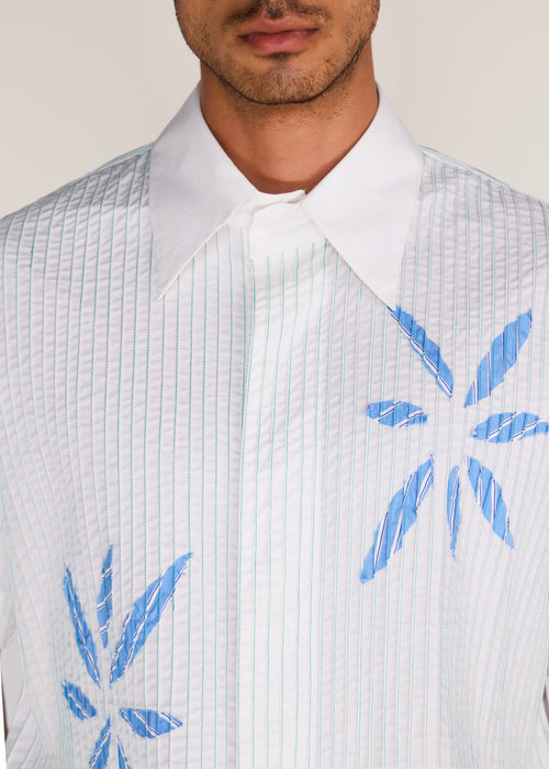 ROSANI The Chōwa shirt in white - white poplin shirt with hand-embroidered raw-edge petals, craft detail