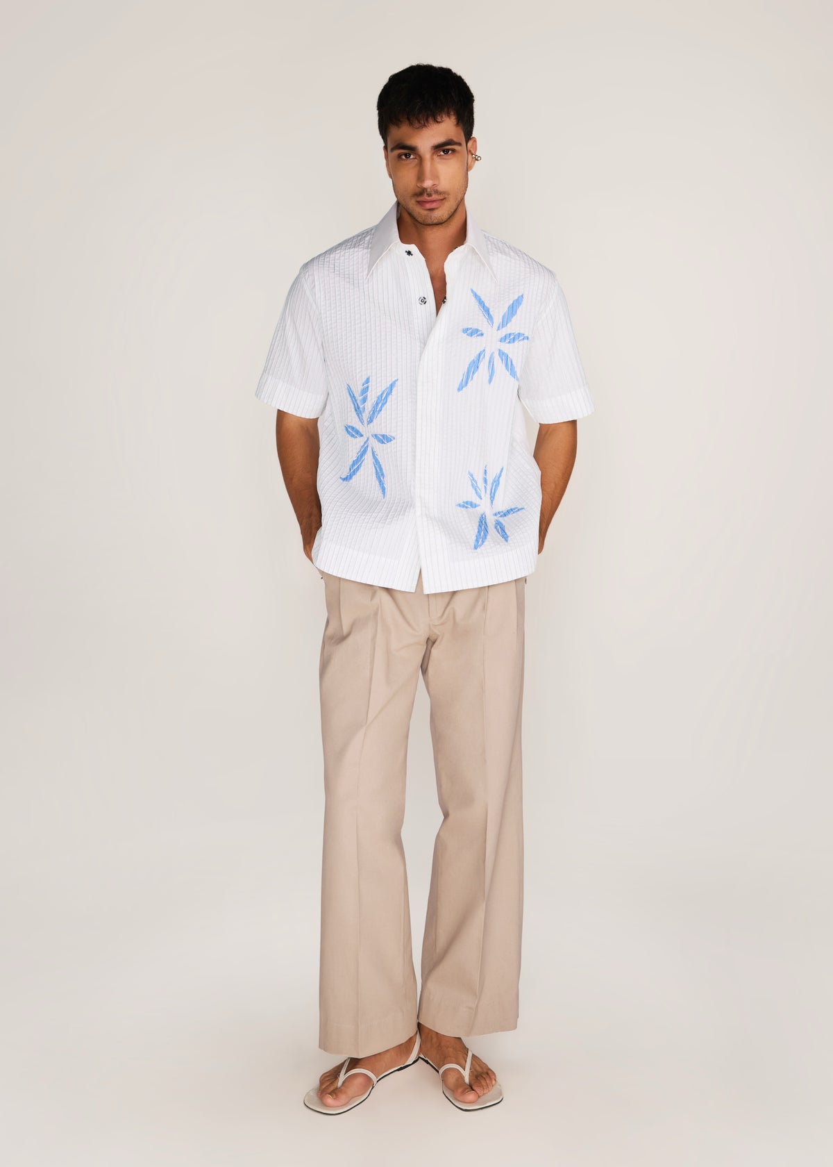 ROSANI The Chōwa shirt in white - white poplin shirt with hand-embroidered raw-edge petals, front view, alternate angle