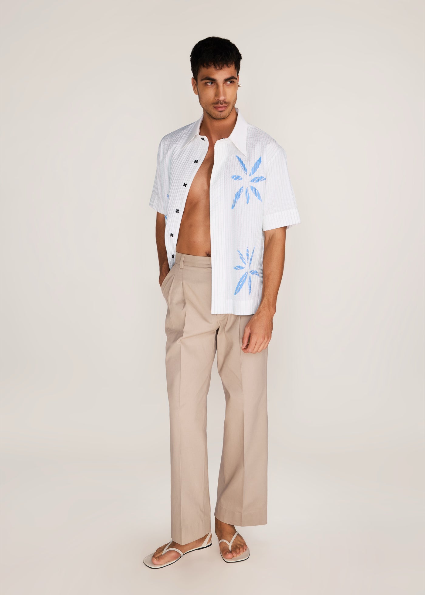 ROSANI The Chōwa shirt in white - white poplin shirt with hand-embroidered raw-edge petals, front view