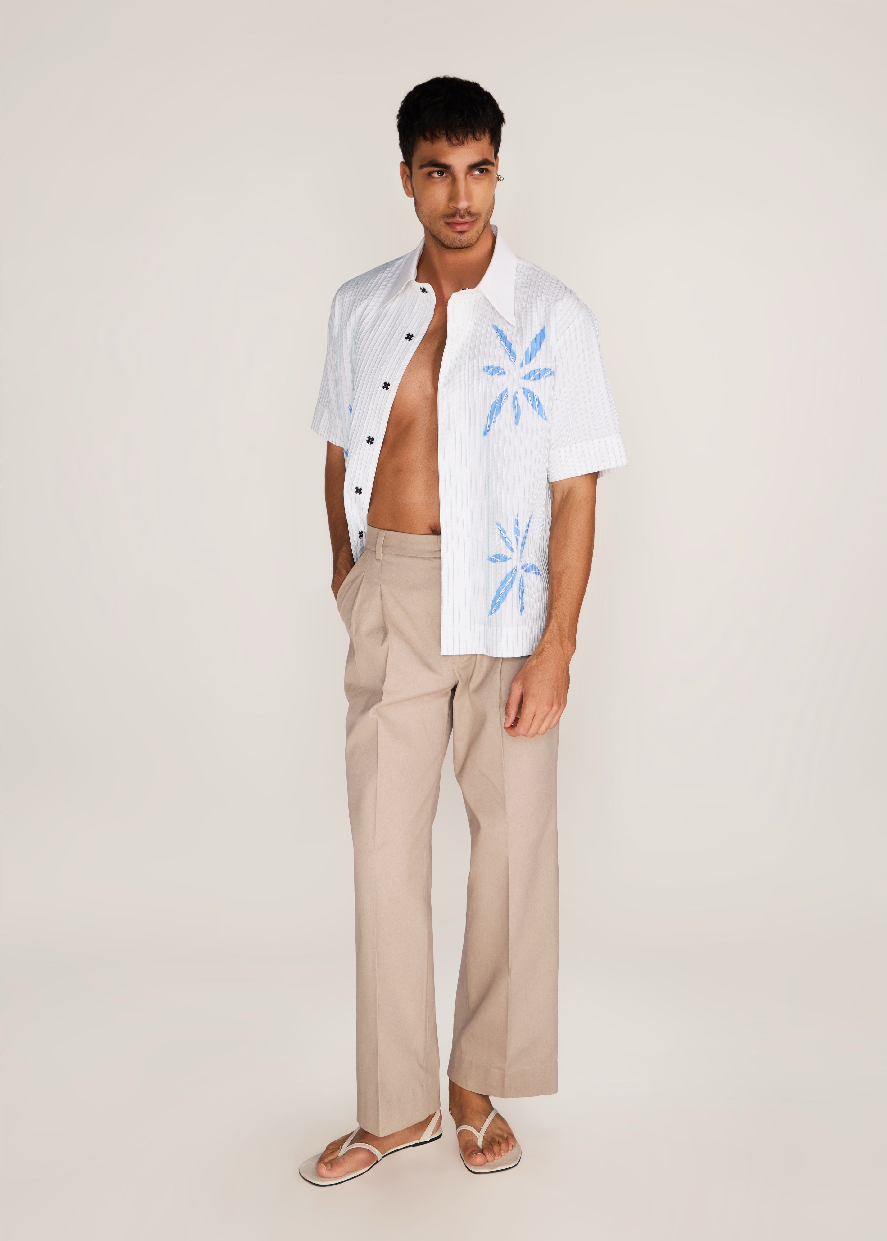 ROSANI The Chōwa shirt in white - white poplin shirt with hand-embroidered raw-edge petals, front view