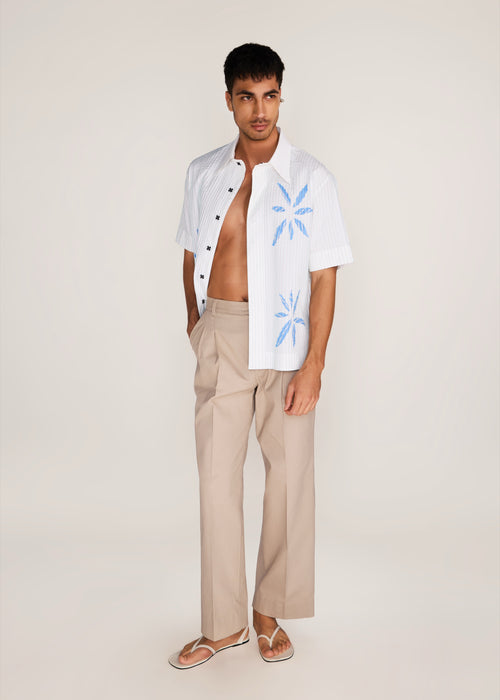 ROSANI The Chōwa shirt in white - white poplin shirt with hand-embroidered raw-edge petals, front view