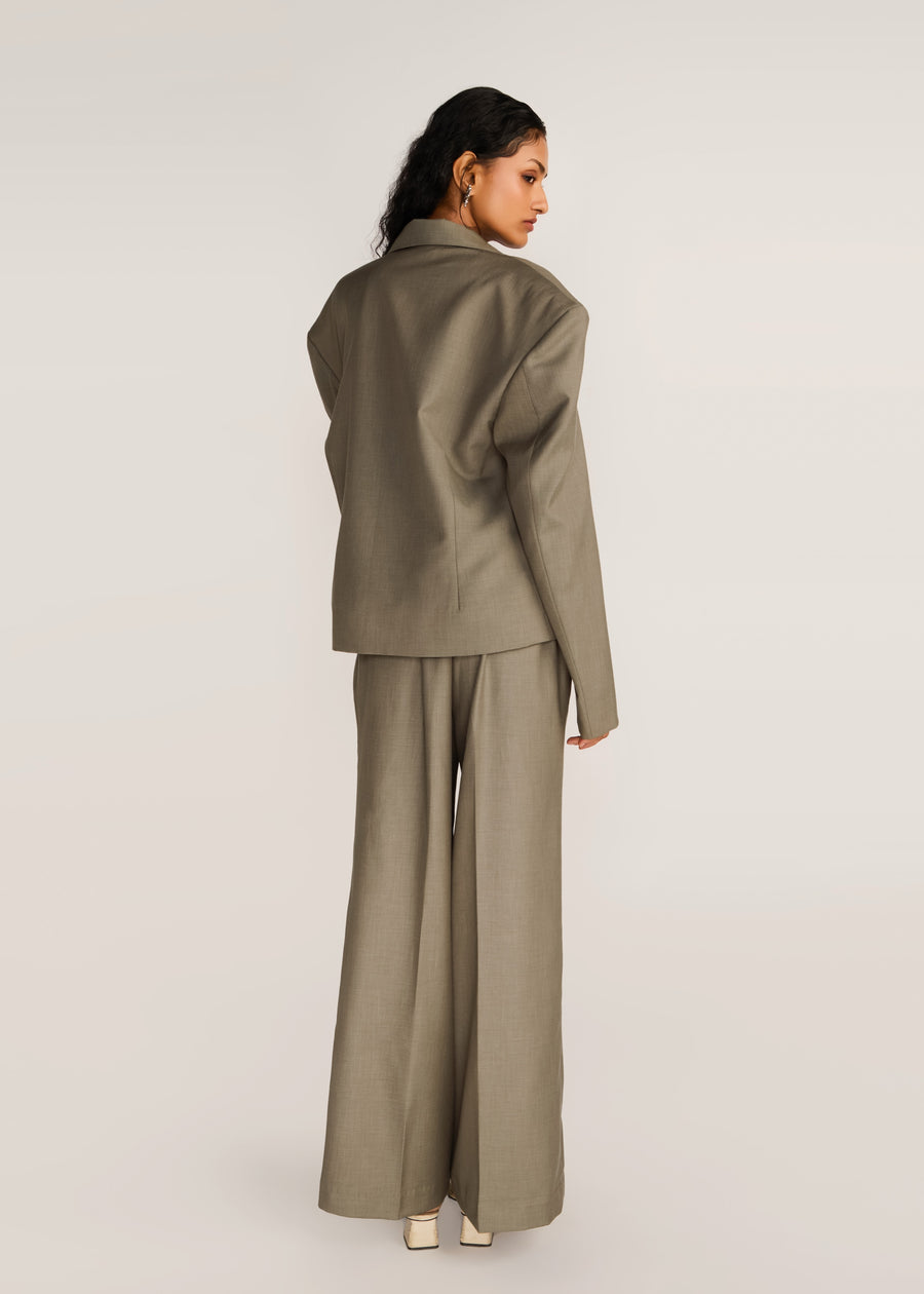 ROSANI The Coena blazer in olive blossom - olive blossom strong-shoulder suiting blazer, back view