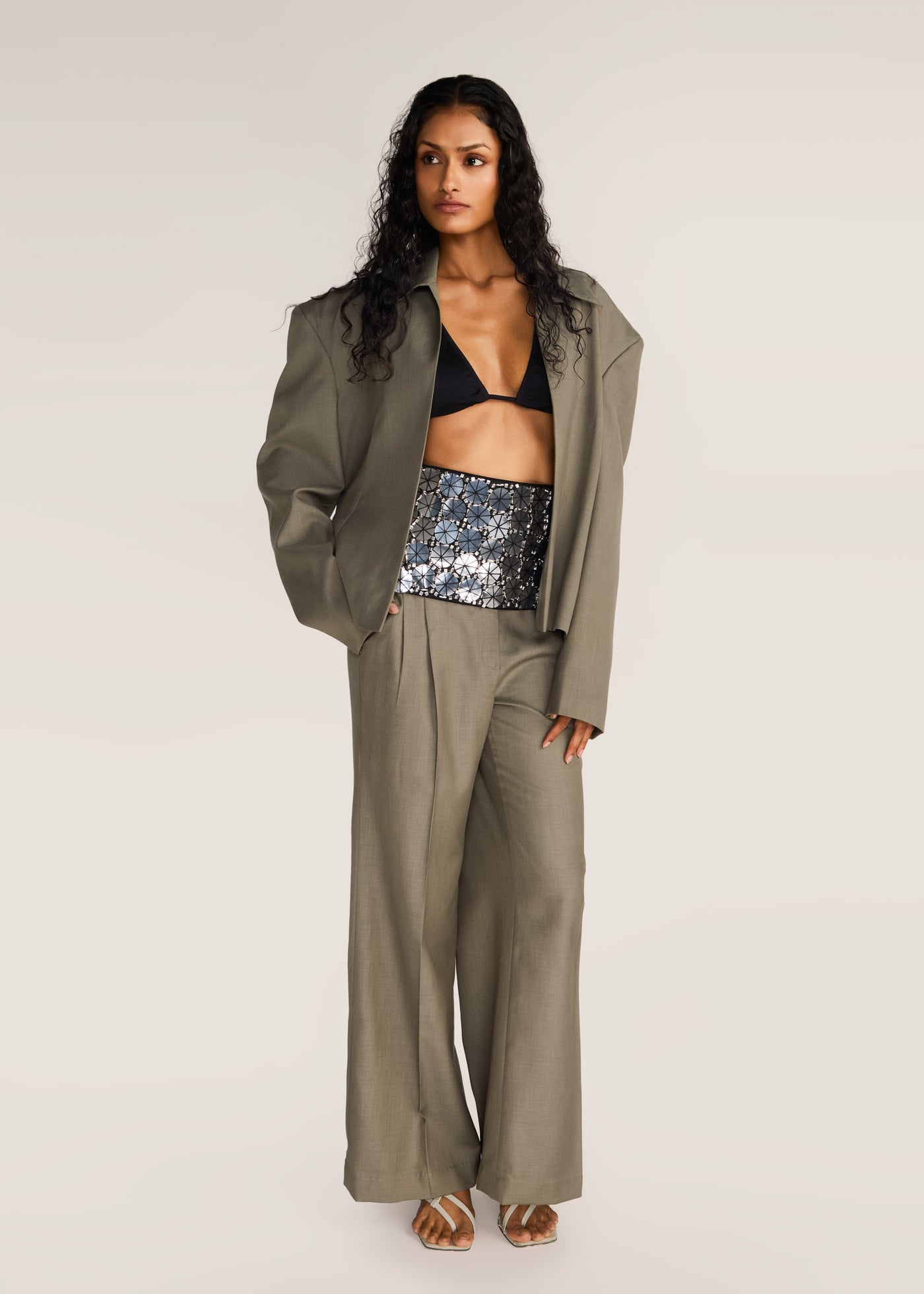 ROSANI The Coena blazer in olive blossom - olive blossom strong-shoulder suiting blazer, front view