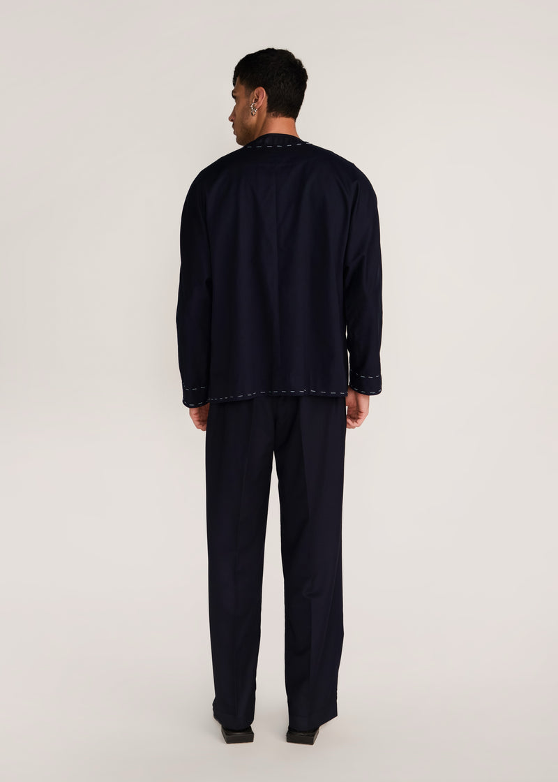 ROSANI The Cohors shacket in black - black cotton shacket with metallic botanical embroidery, back view