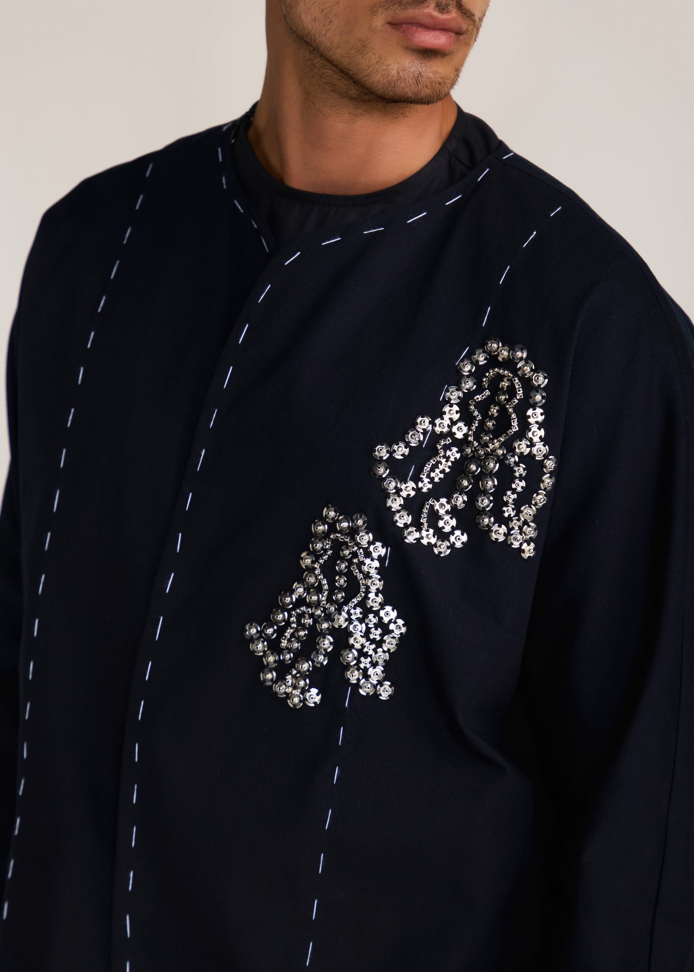 ROSANI The Cohors shacket in black - black cotton shacket with metallic botanical embroidery, craft detail